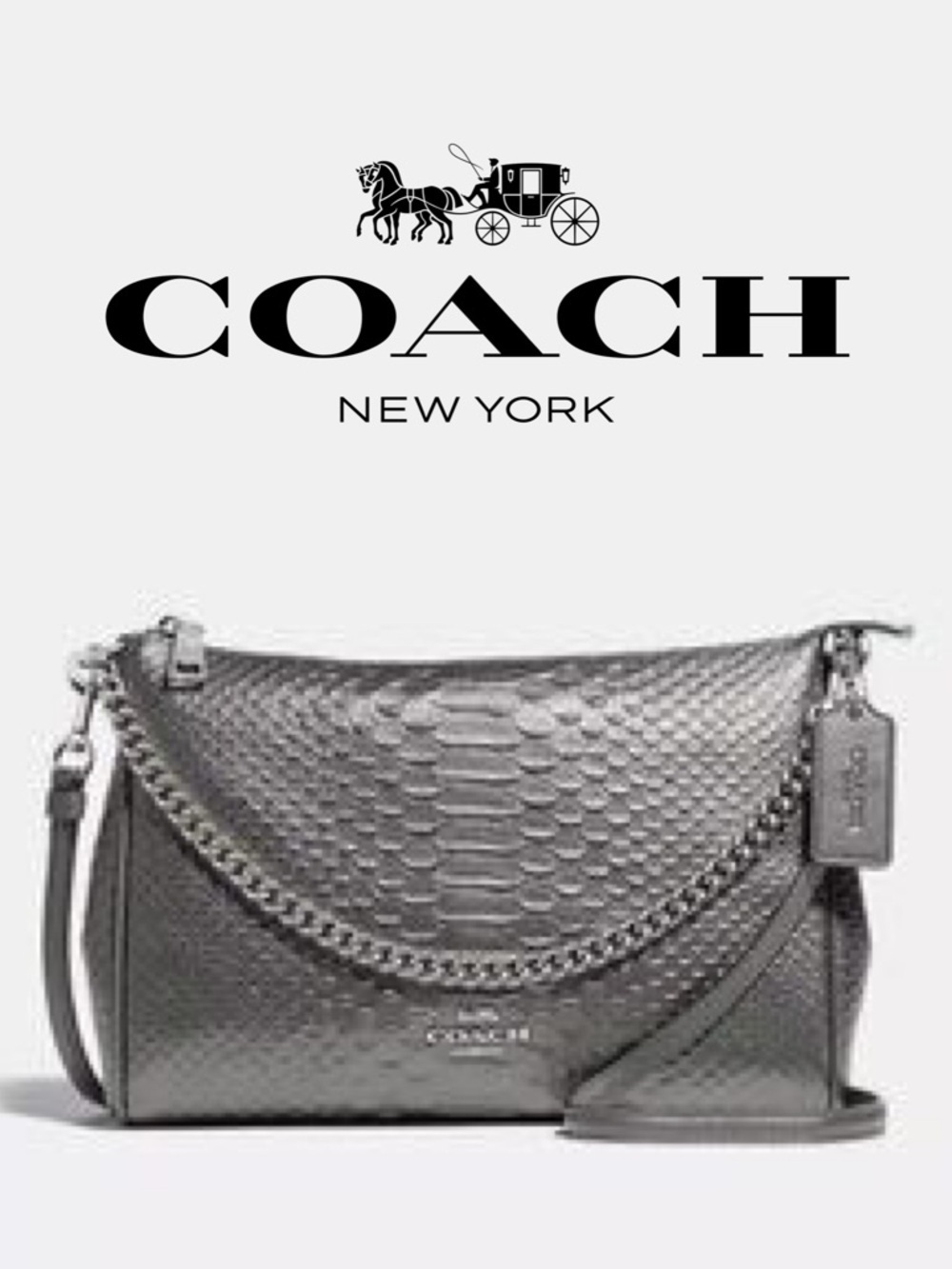 Coach Carrie Python Embossed Leather F35059 Pewter Silver Gunmetal Chain Bag